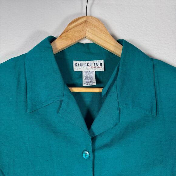 BEDFORD FAIR Women's Button Front Embroidered Shirt Teal Cropped Top Size 16 - Picture 3 of 6